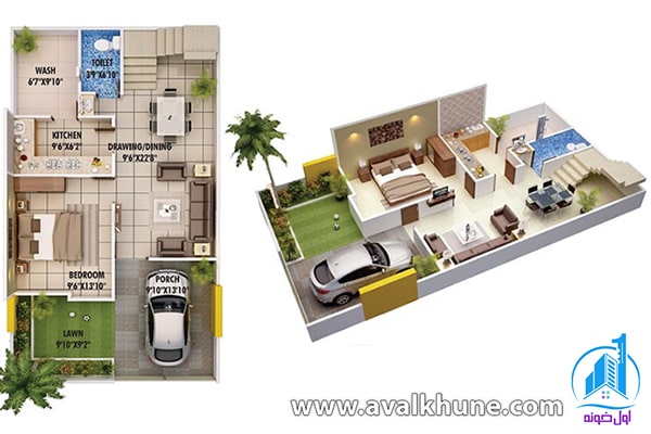 پلان طبقه همکف ویلا دوبلکس